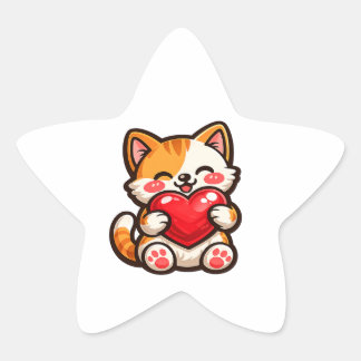 Sticker Étoile Cute Cat Heart – Kawaii Cat Hugging Red Heart, Cut