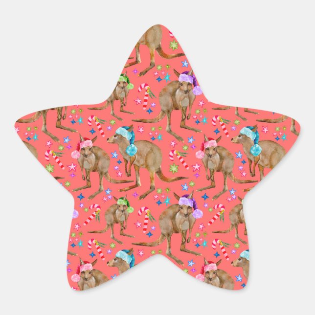 Sticker Étoile Cute Kangaroo Rose de Noël (Devant)