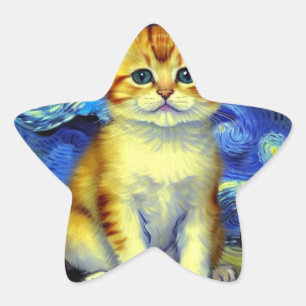 Sticker Étoile Cute Kitten Starry Night Van Gogh