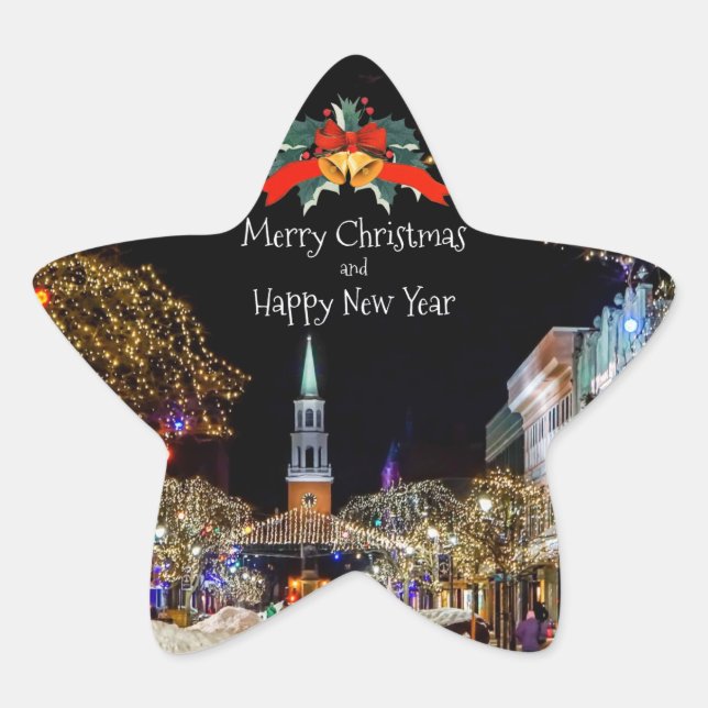Sticker Étoile Fête de Noël, lumières vives et baubles, (Devant)