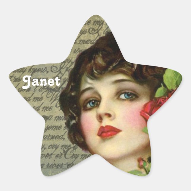 Sticker Étoile Fille de glamour victorienne avec Rose rouge (Devant)