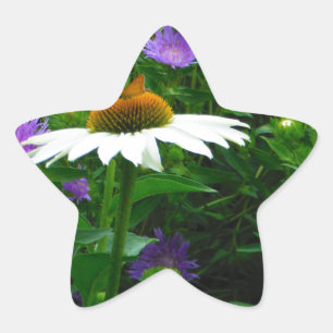 Sticker Étoile Fleur de cône blanc, fleurs pourpres et papillon
