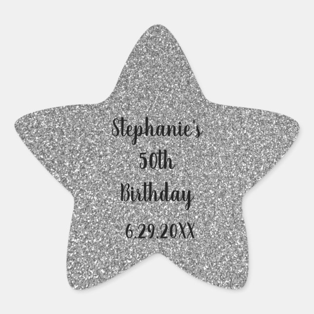 Sticker Étoile Glittery Grey Silver Personnalisé Joyeux Anniversa (Devant)