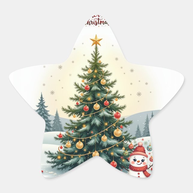 Sticker Étoile Joyeux Aquarelle de neige Cadeaux d'arbre de Noël (Devant)