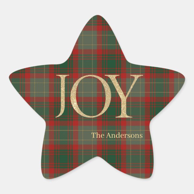 Sticker Étoile Joyeux Noël moderne Joy rouge tartan (Devant)