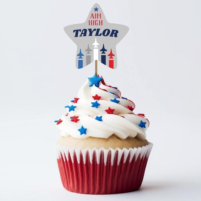 Sticker Étoile L'Armée de l'Air Militaire S'Éloigne Du Parti Cupc (Air Force Airman Aim High Star shape Stickers for cupcake picks, patriotic military going away party)