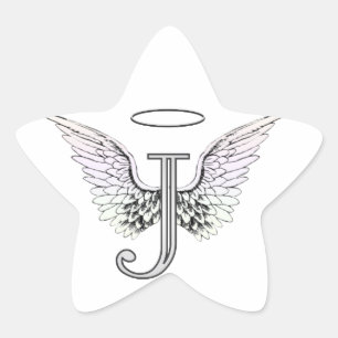 Sticker Étoile Lettre J Monogramme initial avec ailes angéliques 
