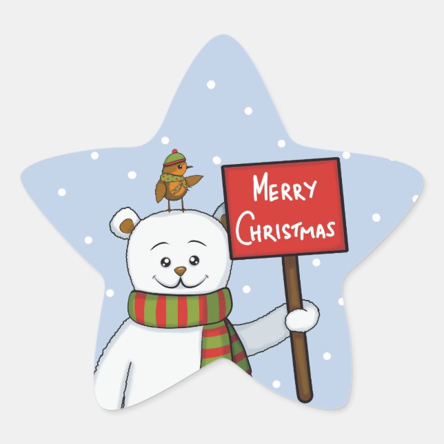 Sticker Étoile Polar Bear and Robin Christmas Greeting (Devant)