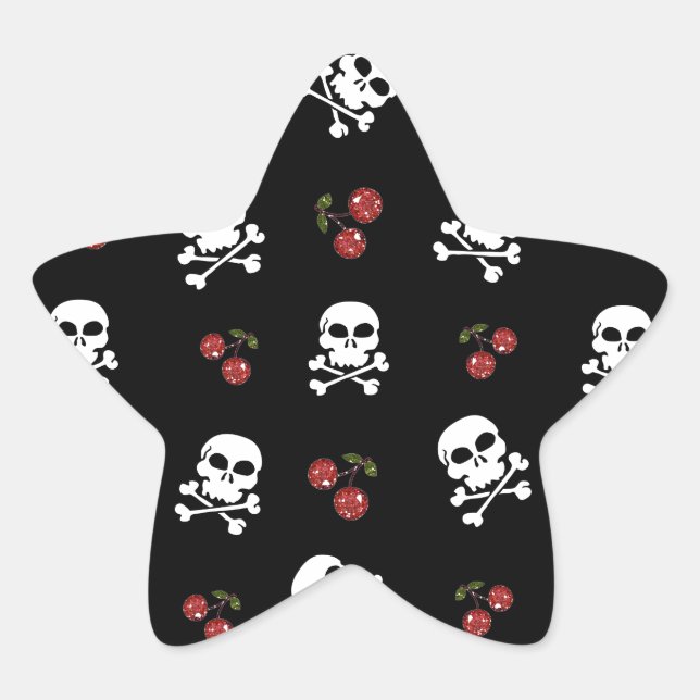 Sticker Étoile RAB Rockabilly Skuls et Cerises sur Noir (Devant)