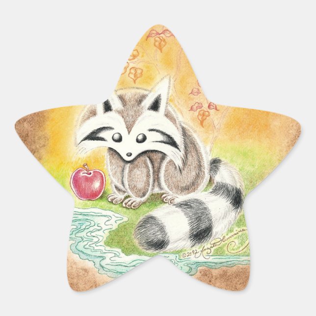Sticker Étoile Raton laveur mignon avec pomme rouge près de l'éta (Devant)