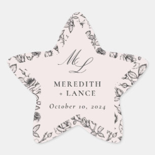 Sticker Étoile Rose rose et noir Monogramme mariage Faveur