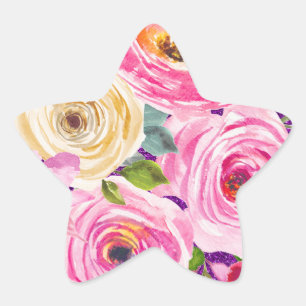 Sticker Étoile Roses Aquarelles en Rose et Crème avec Paillettes 