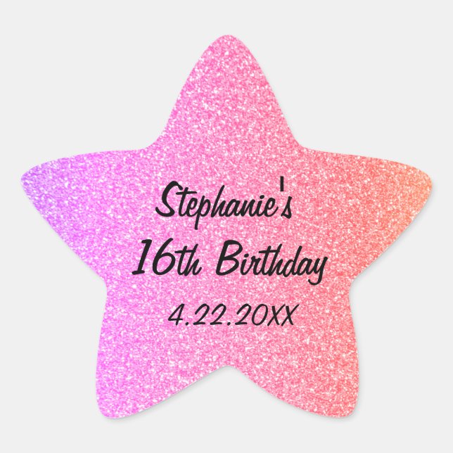 Sticker Étoile Sweet sixteen Glittery rose 16ème anniversaire (Devant)
