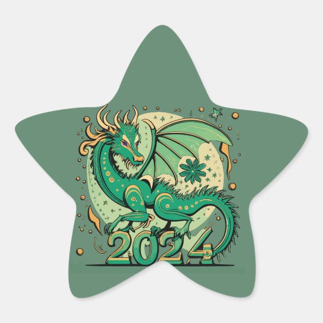 Sticker Étoile Symbole 2024 Nouvel An, Dragon de Bois Vert (Devant)