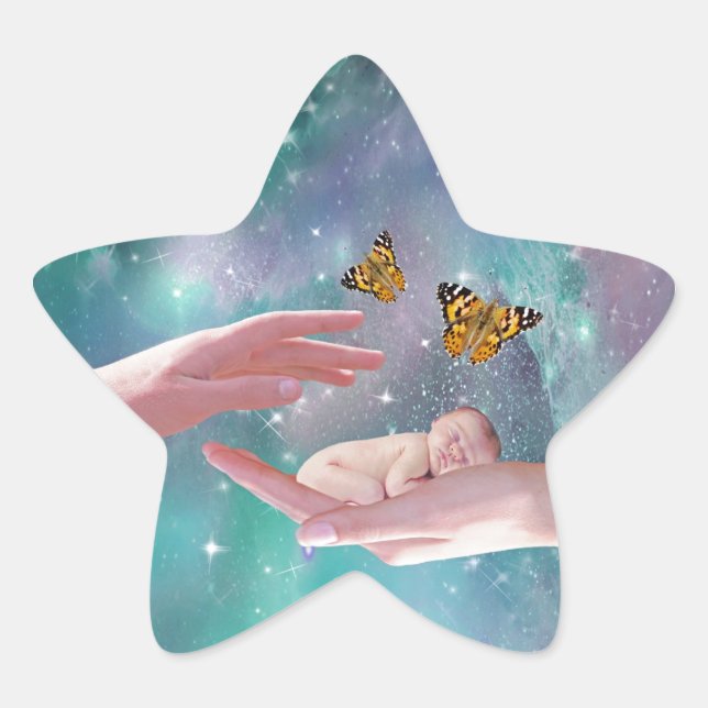 Sticker Étoile Un mignon bébé dans un imaginaire à la main (Devant)