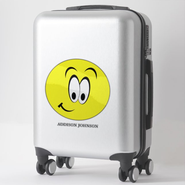 Sticker Expressive Emoji souriant Visage Jaune Ajouter Nom (Sur valise)