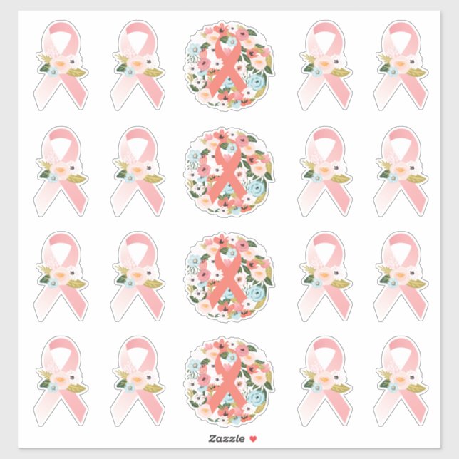 Sticker Faith Hope Cure Cancer du Sein Ruban & Flore (Feuille)