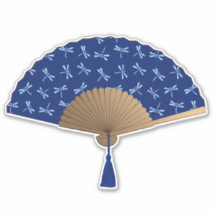 Sticker Fan japonaise, motif de libellule, bleu de cobalt