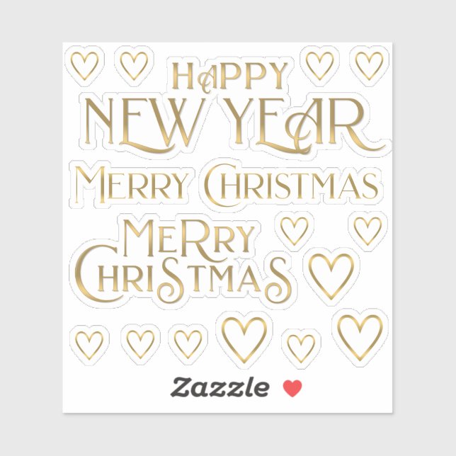 Sticker Fancy Gold Joyeux Noël Joyeux Nouvel An & Coeurs (Feuille)