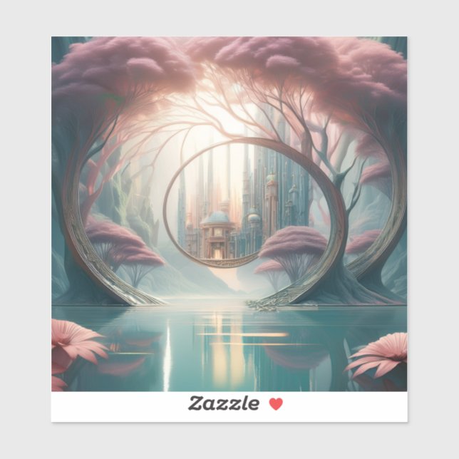 Sticker Fantasy City Seen Thru A Blue Lake And Pink Trees (Feuille)