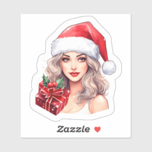 Sticker Femme joyeuse en chapeau de Père Noël avec cadeau
