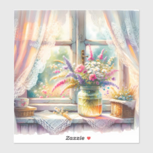 Sticker Fenêtre de cottage ensoleillée avec fleurs sauvage