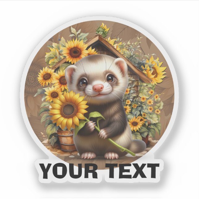 Sticker Ferret adorable avec tournesol personnalisable. (Devant)