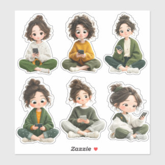 Sticker Feuille d'autocollants de fille chibi assise confo