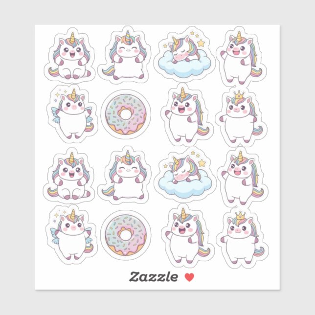 Sticker Feuille d'autocollants Kawaii Chubby Unicorn & Don (Feuille)