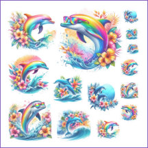 Feuille d'autocollants Rainbow Dolphin et Ocean Re