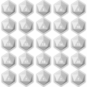 Sticker Feuille de 25 dés D20 à texte personnalisé   Modèl