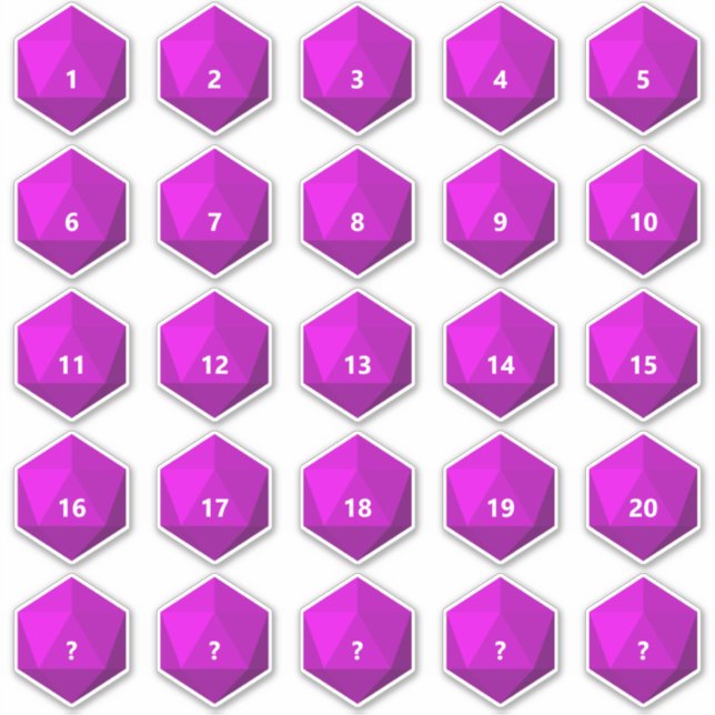 Sticker Feuille de 25 texte personnalisé D20 Die | Modèle  (Devant)