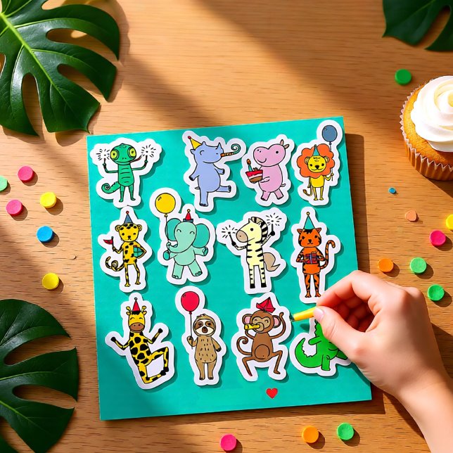 Sticker Feuillet d'autocollant d'Anniversaire des animaux  (Cute Jungle Party Animals Birthday Celebration Sticker)