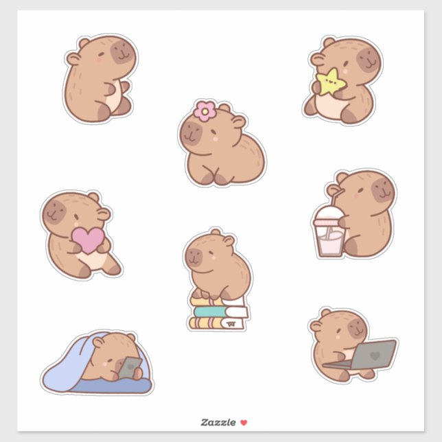 Sticker Fiche d'autocollants de Doodle Capybara mignon (Feuille)