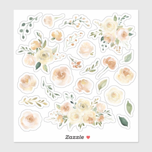 Sticker Fiche de bouquets floraux Roses d'aquarelle crème (Feuille)