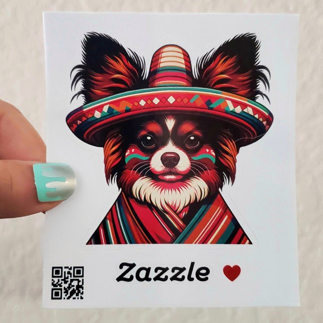 Sticker Fiesta Papillon Chien portant Sombrero et Sarape (Fiesta Papillon Dog Wearing Sombrero and Sarape Sticker)