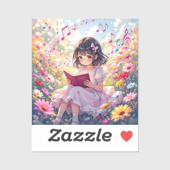 Sticker Fille Anime avec Livre et Notes de Musique (Feuille)