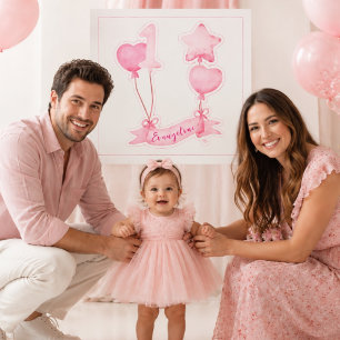 Sticker Fille au ballon amusant 1er anniversaire nommé