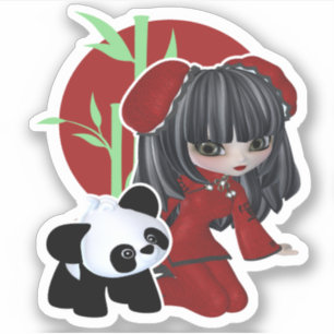 Sticker Fille chinoise mignonne avec le panda et le bambou