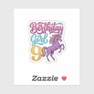 Sticker Fille d'anniversaire 9 Licorne Dessin de gravure v