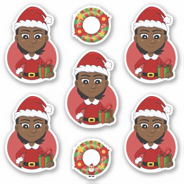 Sticker Fille de Noël afro-américaine aux cheveux courts (Devant)