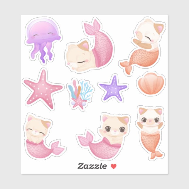 Sticker Fille de sirène de chat rose (Feuille)