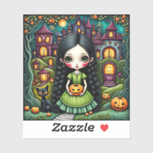 Sticker Fille gothique mignonne citrouille village Hallowe