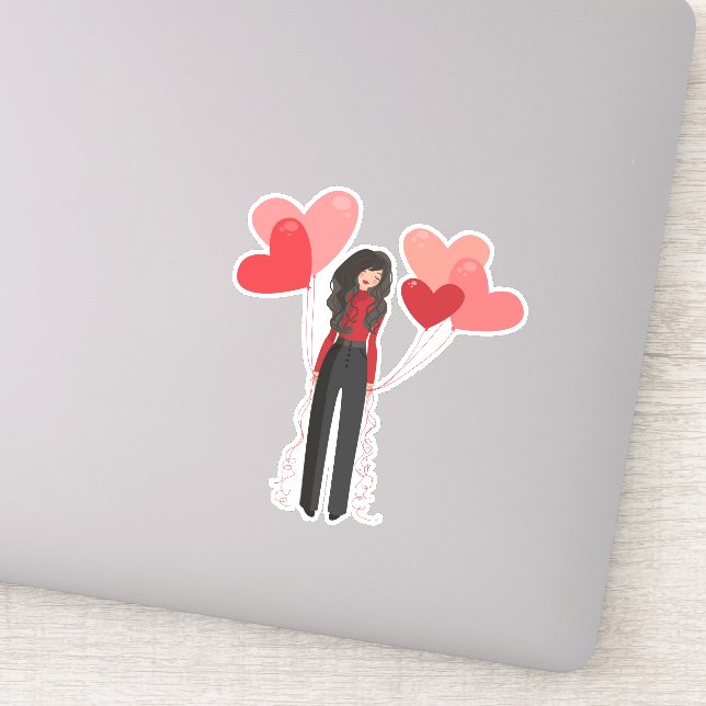 Sticker Fille rose mignonne avec ballons cardiaques (Détail)