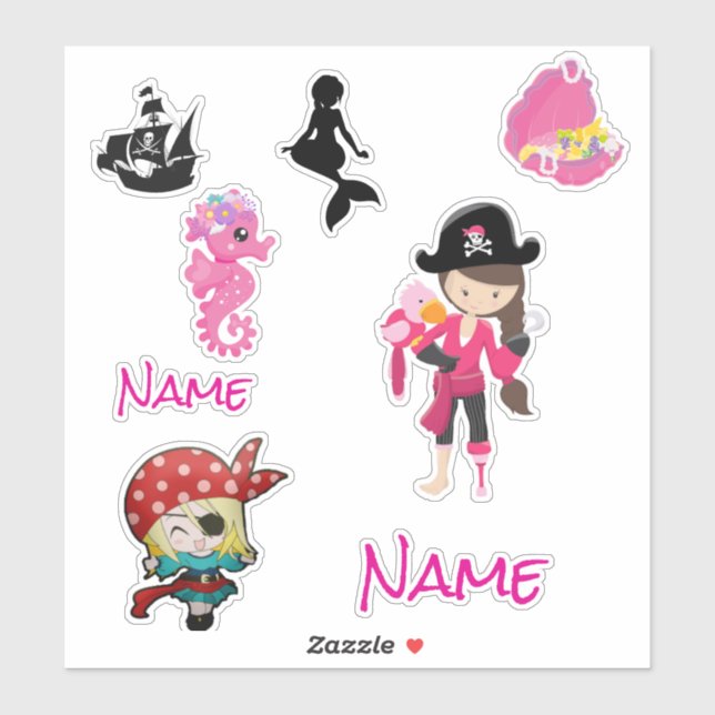 Sticker fille rose mignonne Pirate (Feuille)