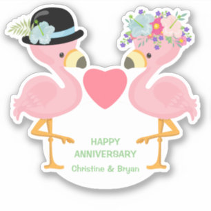 Sticker Flamant rose rose Anniversaire Couple Contour