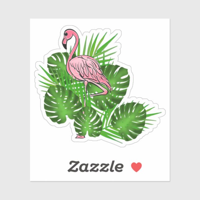 Sticker Flamant rose rose, Feuilles tropicaux (Feuille)