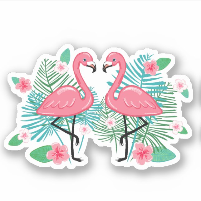 Sticker Flamants roses et fleurs roses (Devant)