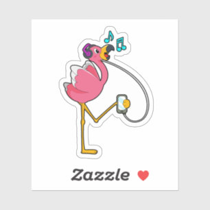 Sticker Flamingo at Music with Headphone