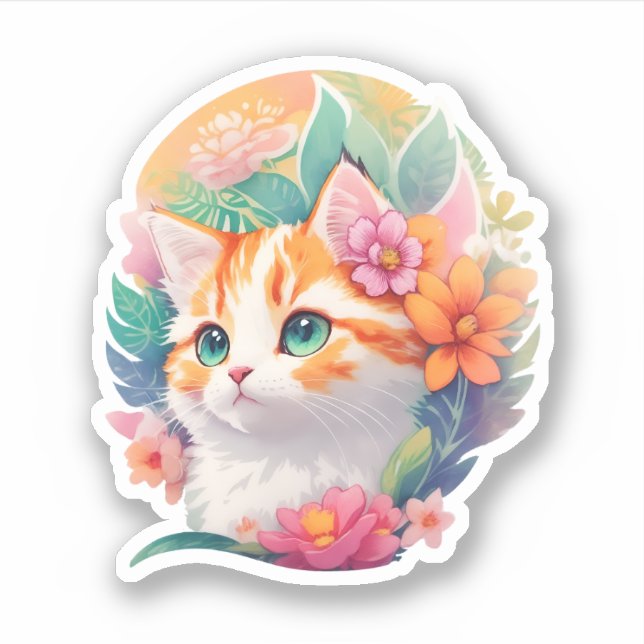Sticker Fleur botanique Tabby Chat Aquarelle Portrait (Devant)
